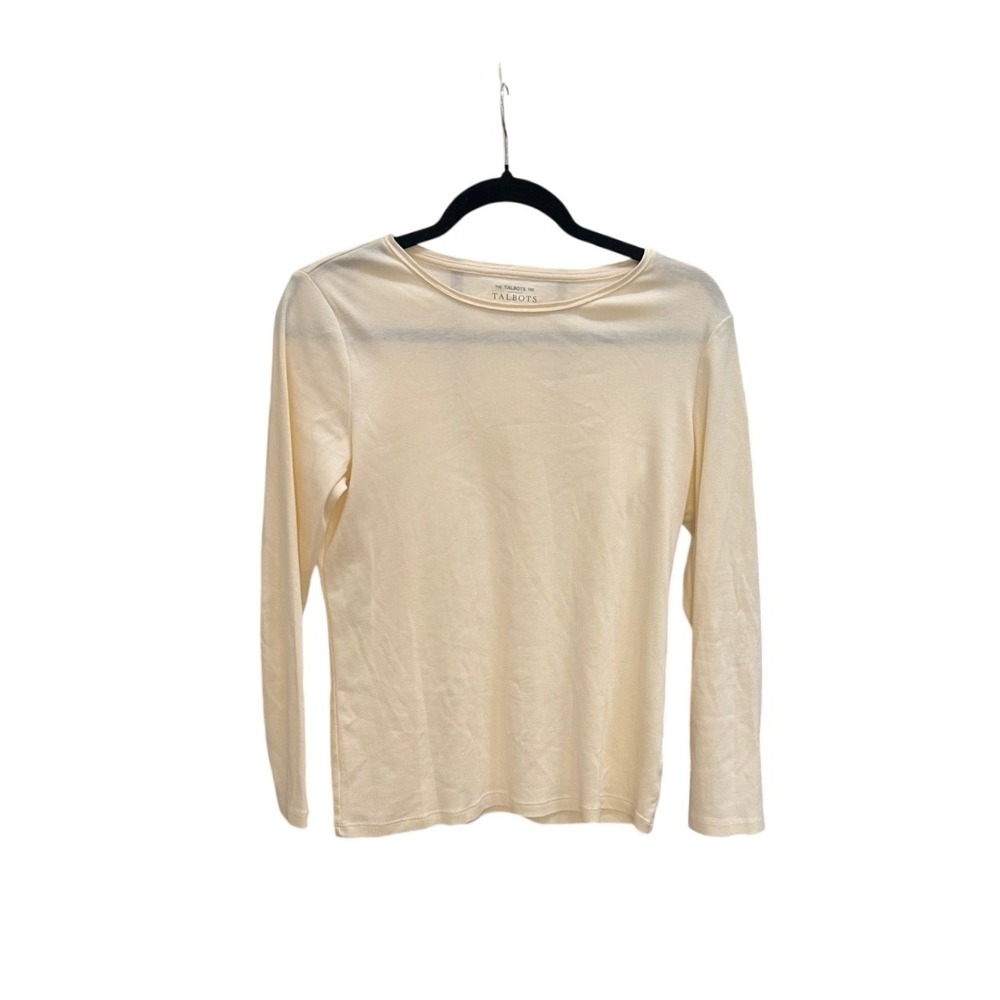 Talbots Petite Medium Cream Soft Pima Cotton Long Sleeve Scoop Neck Tee Shirt MP
